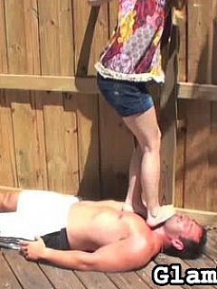 Testing husband stamina by giving him kicks in between the legs and then trampling him barefoot