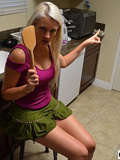 Strict blond wants you to lower your pants and lay over her knees for some wooden spoon paddling